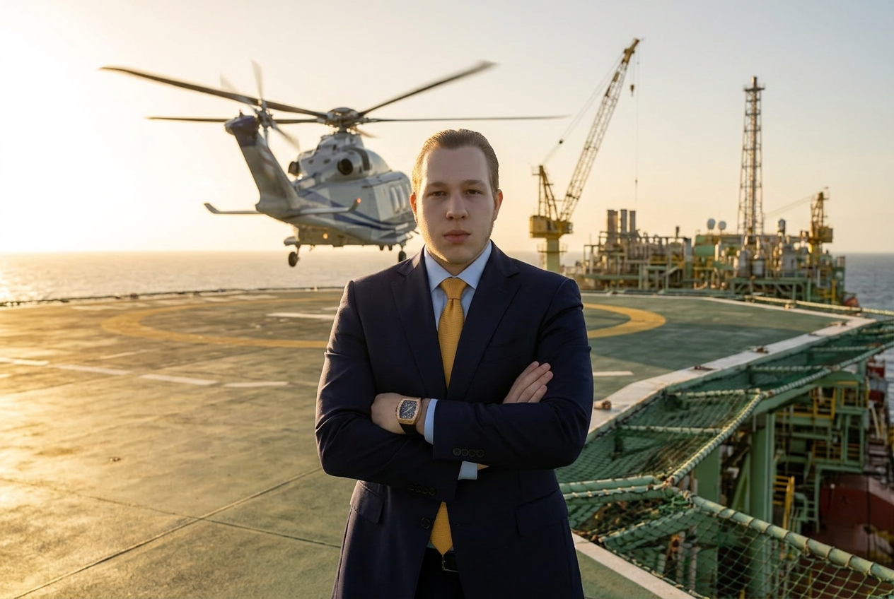 Ícaro Krautchuk no heliponto de FPSO da BWKRAUT — operação offshore