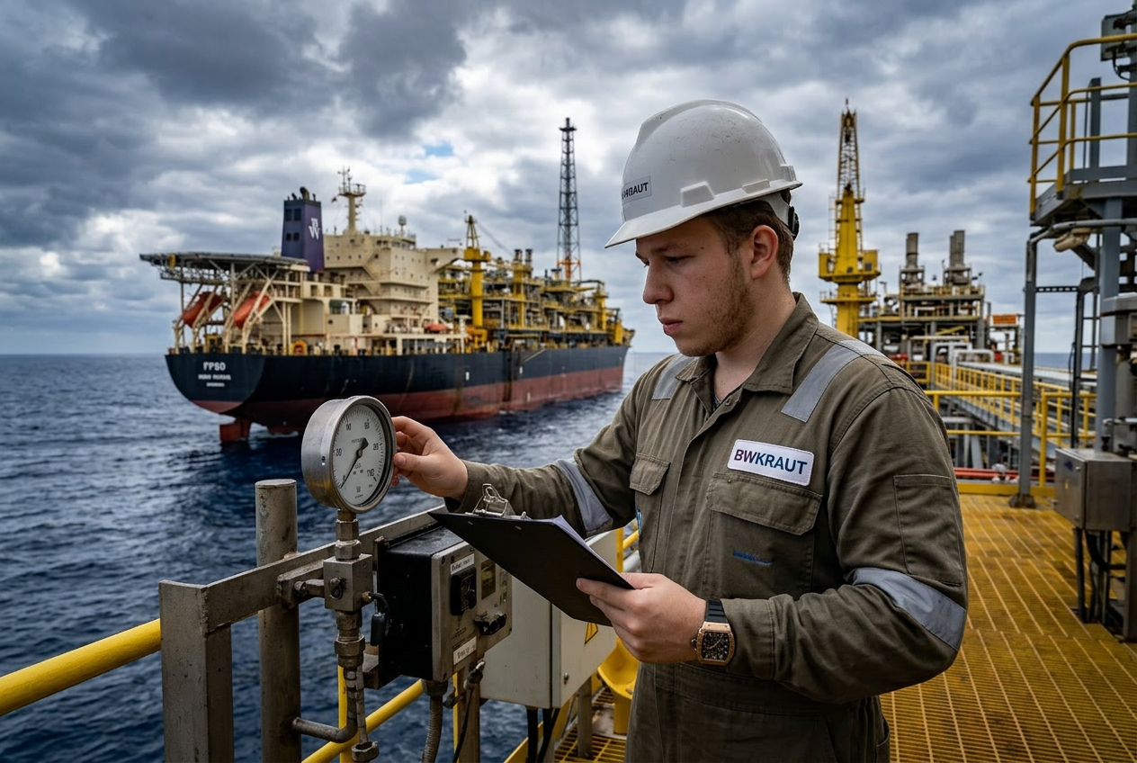 Ícaro Krautchuk inspecionando plataforma offshore BWKRAUT