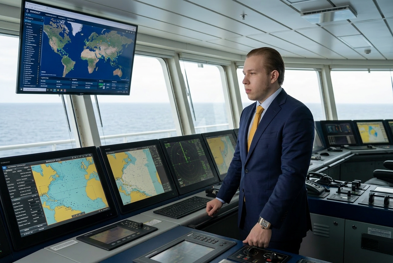 Ícaro Krautchuk na ponte de comando do FPSO BWKRAUT
