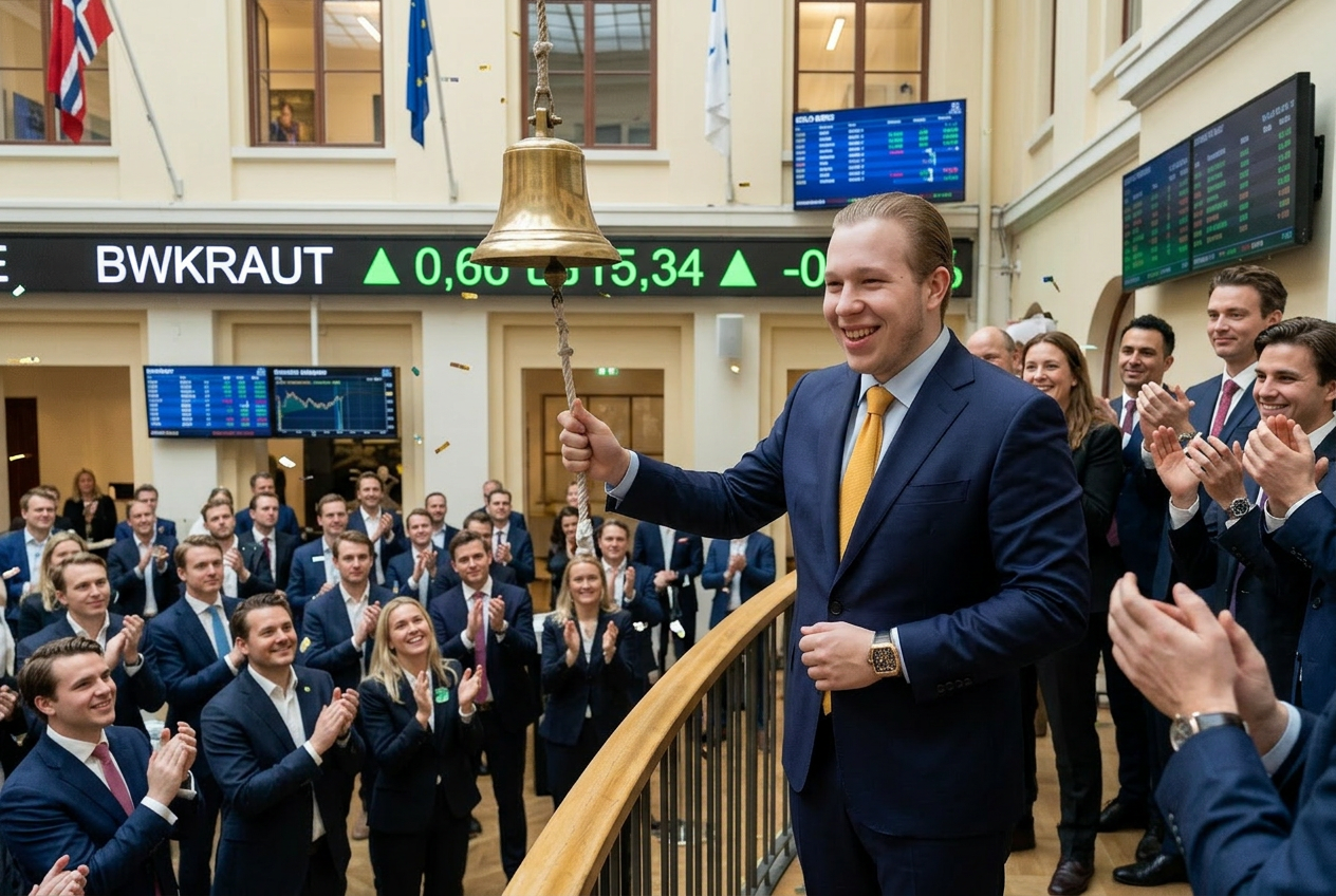 Ícaro Krautchuk tocando o sino da Bolsa de Oslo — BWKRAUT